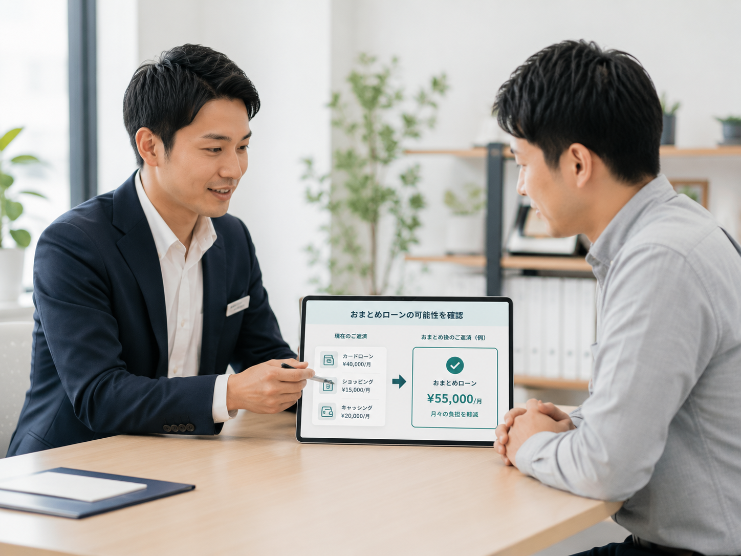 担当者がタブレットでおまとめローンの返済比較を説明している様子
