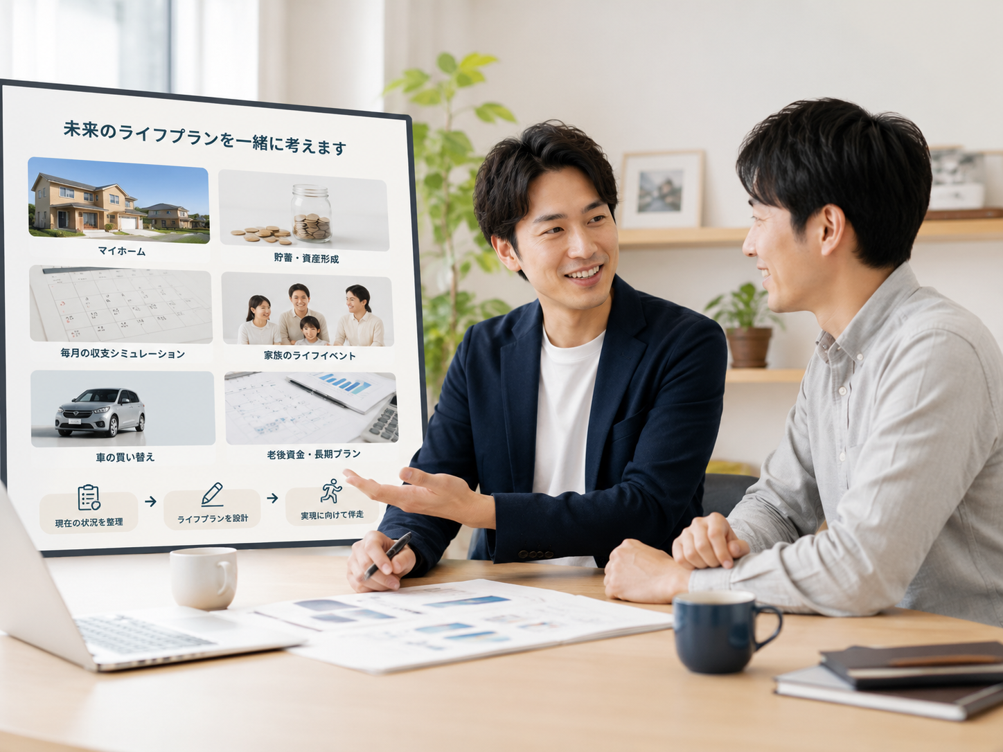 担当者が未来のライフプランのボードを使って生活設計を相談している様子